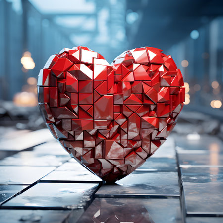 3D illustration of a shiny heart made of metal red and blue contrasting image It conveys love, understanding, hope, happiness, courage, power, balance and peace It depend on the viewer to interpret.の素材