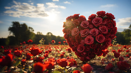 A digital painting of roses arranged in heart shape among other roses. Sunlight shines beautifully, symbolizing love, friendliness, beauty, elegance, happiness and cheerfulness in life relationships.の素材