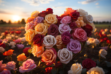 A digital painting of roses arranged in heart shape among other roses. Sunlight shines beautifully, symbolizing love, friendliness, beauty, elegance, happiness and cheerfulness in life relationships.の素材