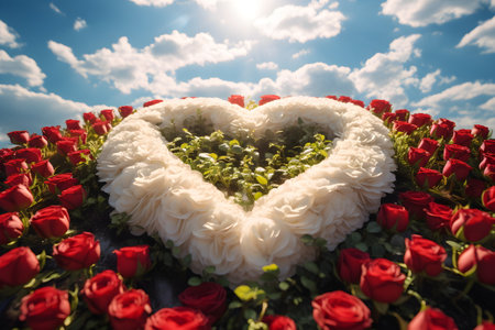 A digital painting of roses arranged in heart shape among other roses. Sunlight shines beautifully, symbolizing love, friendliness, beauty, elegance, happiness and cheerfulness in life relationships.の素材