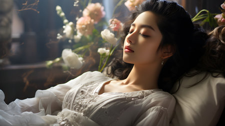 A beautiful young woman wearing a white robe lies on the coach with her eyes closed. It can mean many things ex She is resting, Waiting to receive beauty services or waiting to receive health service.の素材