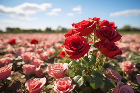 Digital painting of a beautiful rose that stands out in the middle of blurred rose garden. White clouds float and sunlight falls beautifully. Suitable for use as greeting cards for various occasions.の素材