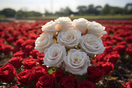 Digital painting of a beautiful rose that stands out in the middle of blurred rose garden. White clouds float and sunlight falls beautifully. Suitable for use as greeting cards for various occasions.の素材