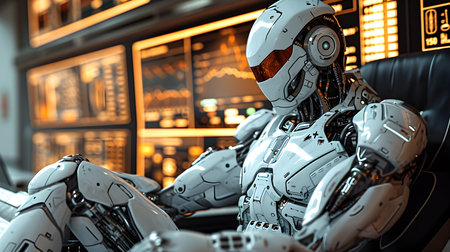 A cyborg sits at a desk in a high-tech luxurious office. Background is blurred many screens. It indicates that world systems such as the economy or finance sometimes it can be controlled by computer.の素材