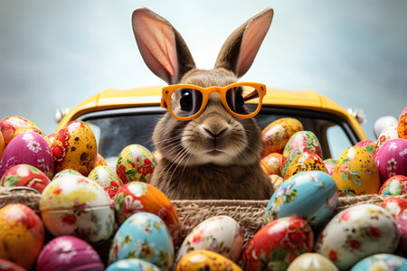 Bright and cheerful digital illustration of a cute rabbit and Easter eggs They are often used to decorate during Easter. Rabbit represents life, rebirth and abundance. Eggs represent life and rebirth.の素材