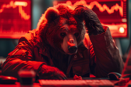A stock market that is going down is called a bear market. It can create huge financial disasters for investors. Therefore, images of bears with worried or stressed expressions were used in red tones.の素材