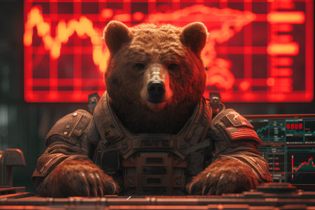 A stock market that is going down is called a bear market. It can create huge financial disasters for investors. Therefore, images of bears with worried or stressed expressions were used in red tones.の素材