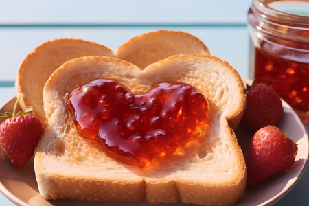 Golden-yellow toast on a white plate with heart-shaped red fruit jam is a cute way to express your love. Worried that the person you love will be hungry in the morning, breakfast is prepared for them.の素材