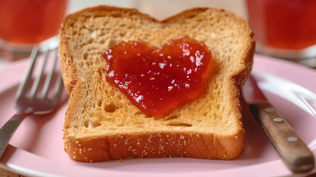 Golden-yellow toast on a white plate with heart-shaped red fruit jam is a cute way to express your love. Worried that the person you love will be hungry in the morning, breakfast is prepared for them.の素材