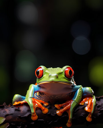 à¸ºBrightly colored frog with bright red eyes. Perched on a stationary branch, it stands out against dark background. Frogs are brightly colored to warn predators that I am poisonous, so don't eat me.の素材