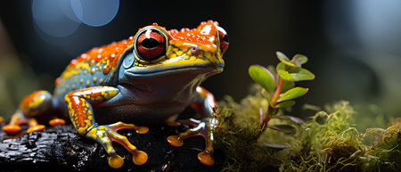 à¸ºBrightly colored frog with bright red eyes. Perched on a stationary branch, it stands out against dark background. Frogs are brightly colored to warn predators that I am poisonous, so don't eat me.の素材