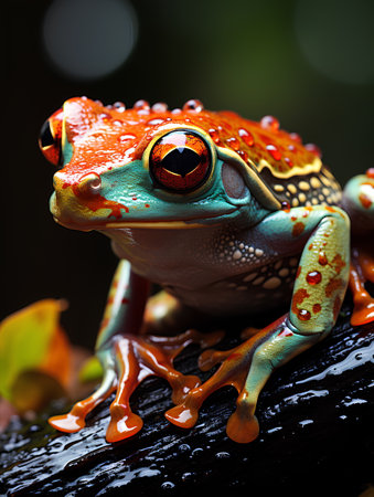 à¸ºBrightly colored frog with bright red eyes. Perched on a stationary branch, it stands out against dark background. Frogs are brightly colored to warn predators that I am poisonous, so don't eat me.の素材