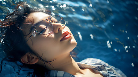 Beautiful woman is in a clear and clean blue swimming pool. She closed her eyes and relaxed. The sun shines on her She is enjoying the summer vacation. This image represents happiness and relaxation.の素材