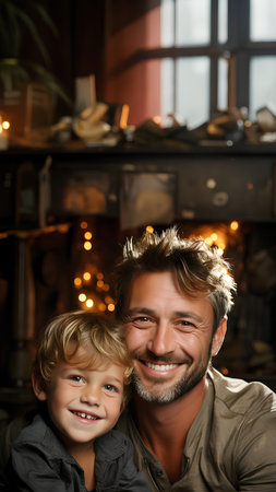 Heart-warm picture of father and son smiling happily. There is a copy space for entering text suitable for presenting warm family topics. The love between father and son is the strongest relationship.の素材