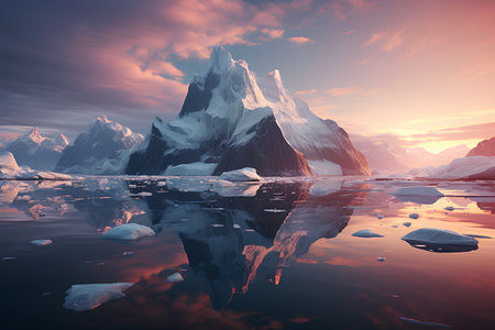 Iceberg reflected in the water. It represents the power of nature. Watching makes one feel impressed, calm, curious. Ideal for using pictures as teaching materials about nature, science or philosophy.の素材
