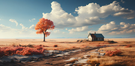 Illustration of a house standing alone in the middle of a field with the vast sky. It can convey many emotions and feelings such as peace, loneliness, freedom, courage, nostalgia, mystery, emptiness.の素材