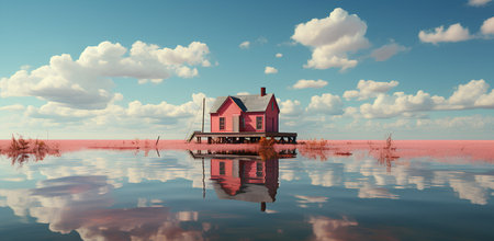 Illustration of a house standing alone in the middle of a field with the vast sky. It can convey many emotions and feelings such as peace, loneliness, freedom, courage, nostalgia, mystery, emptiness.の素材