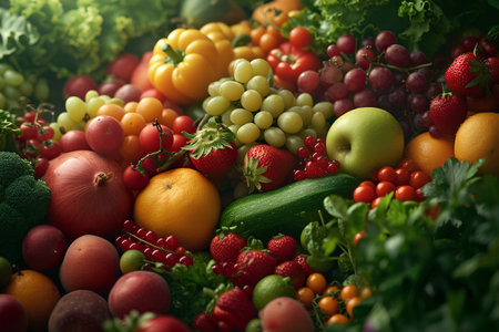 Various types of fruits and vegetables Fresh and colorful Spread across the entire picture Contains important nutrients for the body Suitable for use in making presentations about healthy food.の素材