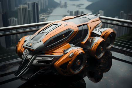 Futuristic vehicle parked on high ground the background is cityscape far away can be used to supplement advertisements for other product or service related to technology, the future, luxury or modern.の素材