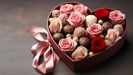 Luxurious Valentine's chocolates in a gentle heart-shaped gift box and flowers with copy space. Can be used to make greeting cards social media post Website or blog, marketing materials, scrapbooks.の素材