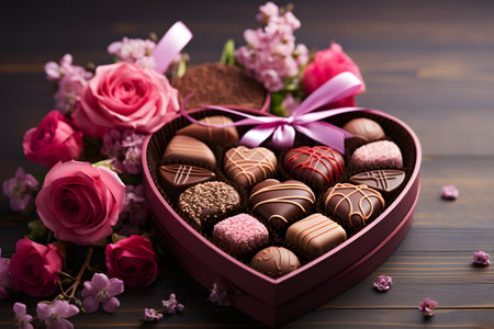 Luxurious Valentine's chocolates in a gentle heart-shaped gift box and flowers with copy space. Can be used to make greeting cards social media post Website or blog, marketing materials, scrapbooks.の素材