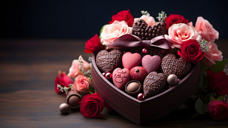 Luxurious Valentine's chocolates in a gentle heart-shaped gift box and flowers with copy space. Can be used to make greeting cards social media post Website or blog, marketing materials, scrapbooks.の素材