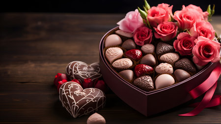 Luxurious Valentine's chocolates in a gentle heart-shaped gift box and flowers with copy space. Can be used to make greeting cards social media post Website or blog, marketing materials, scrapbooks.の素材