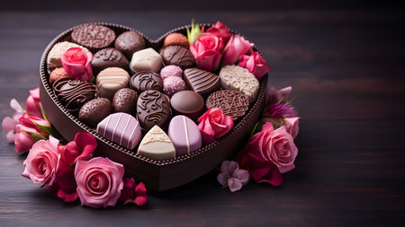 Luxurious Valentine's chocolates in a gentle heart-shaped gift box and flowers with copy space. Can be used to make greeting cards social media post Website or blog, marketing materials, scrapbooks.の素材
