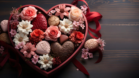 Luxurious Valentine's chocolates in a gentle heart-shaped gift box and flowers with copy space. Can be used to make greeting cards social media post Website or blog, marketing materials, scrapbooks.の素材