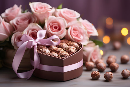 Luxurious Valentine's chocolates in a gentle heart-shaped gift box and flowers with copy space. Can be used to make greeting cards social media post Website or blog, marketing materials, scrapbooks.の素材
