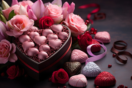 Luxurious Valentine's chocolates in a gentle heart-shaped gift box and flowers with copy space. Can be used to make greeting cards social media post Website or blog, marketing materials, scrapbooks.の素材