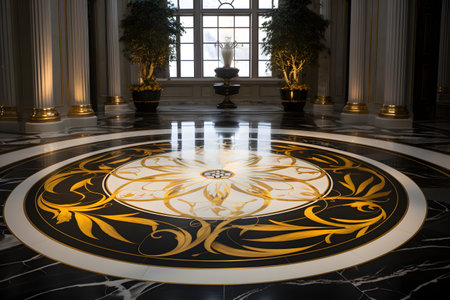 Illustration of luxury marble floor picture. The colors gold and light yellow mixed with black are perfect and convey the importance of art in various aspects, aesthetics, creating depth and privacy.の素材