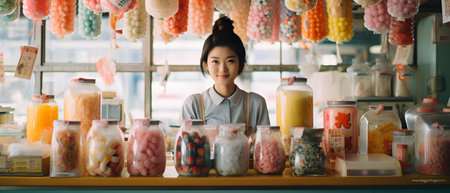 A young Japanese woman stands at a candy store bathed in soft sunlight, conveying warmth and comfort. It brings back memories of happy childhood times and can stimulate past Japanese culture.の素材