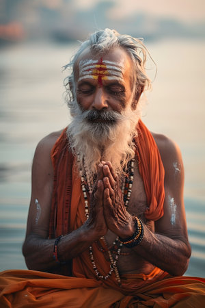 An old yogi was meditating on the bank of the Ganges River. It was quiet amidst the morning sunshine. Behind him is the view of Varanasi. It is a symbol of peace, tranquility and faith in Hinduism.の素材