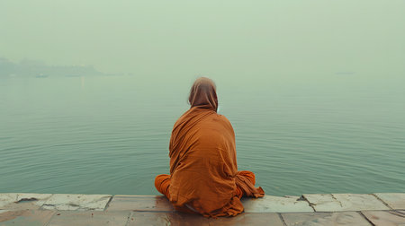 An old yogi was meditating on the bank of the Ganges River. It was quiet amidst the morning sunshine. Behind him is the view of Varanasi. It is a symbol of peace, tranquility and faith in Hinduism.の素材