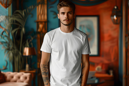 Men's White Short Sleeve Round Neck T-Shirt Mockup It is a useful tool for clothing designers to help visualize T-shirts before actual production Save time and money and makes it easier to decide.の素材