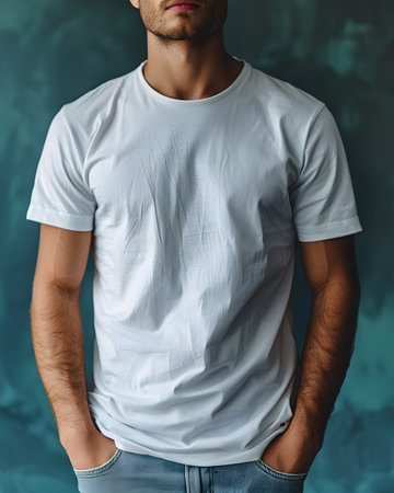 Men's White Short Sleeve Round Neck T-Shirt Mockup It is a useful tool for clothing designers to help visualize T-shirts before actual production Save time and money and makes it easier to decide.の素材