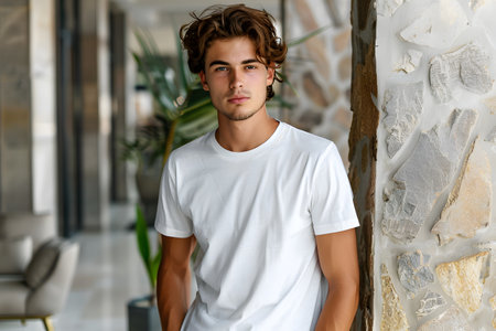 Men's White Short Sleeve Round Neck T-Shirt Mockup It is a useful tool for clothing designers to help visualize T-shirts before actual production Save time and money and makes it easier to decide.の素材