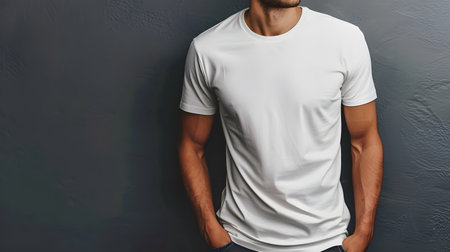 Men's White Short Sleeve Round Neck T-Shirt Mockup It is a useful tool for clothing designers to help visualize T-shirts before actual production Save time and money and makes it easier to decide.の素材