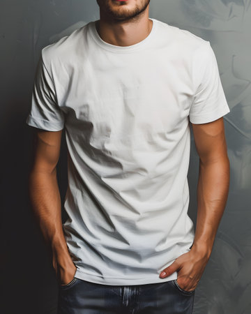 Men's White Short Sleeve Round Neck T-Shirt Mockup It is a useful tool for clothing designers to help visualize T-shirts before actual production Save time and money and makes it easier to decide.の素材