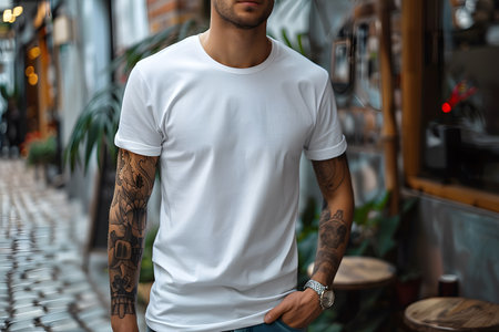 Men's White Short Sleeve Round Neck T-Shirt Mockup It is a useful tool for clothing designers to help visualize T-shirts before actual production Save time and money and makes it easier to decide.の素材