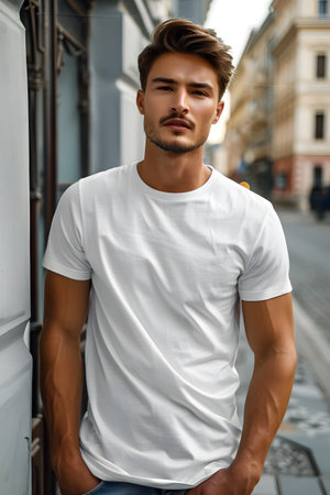 Men's White Short Sleeve Round Neck T-Shirt Mockup It is a useful tool for clothing designers to help visualize T-shirts before actual production Save time and money and makes it easier to decide.の素材