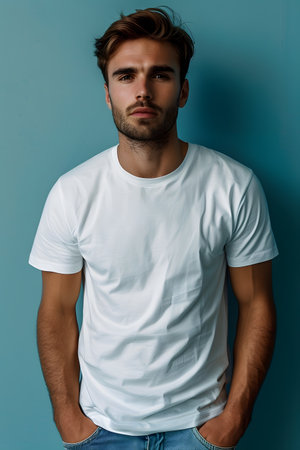 Men's White Short Sleeve Round Neck T-Shirt Mockup It is a useful tool for clothing designers to help visualize T-shirts before actual production Save time and money and makes it easier to decide.の素材