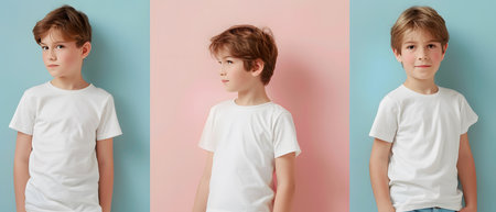 Boy's White Short Sleeve Round Neck T-Shirt Mockup It is a useful tool for clothing designers to help visualize T-shirts before actual production Save time and money and makes it easier to decide.の素材