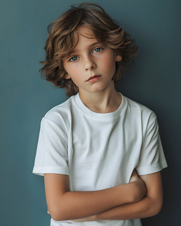 Boy's White Short Sleeve Round Neck T-Shirt Mockup It is a useful tool for clothing designers to help visualize T-shirts before actual production Save time and money and makes it easier to decide.の素材