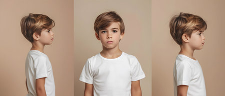 Boy's White Short Sleeve Round Neck T-Shirt Mockup It is a useful tool for clothing designers to help visualize T-shirts before actual production Save time and money and makes it easier to decide.の素材