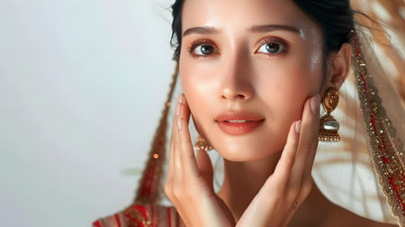 Illustration of a close-up photo of a beautiful young woman's face with good skin posing as a model selling skin care cosmetics. Can be used as an idea for models to pose for advertising shoots.の素材