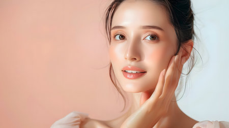 Illustration of a close-up photo of a beautiful young woman's face with good skin posing as a model selling skin care cosmetics. Can be used as an idea for models to pose for advertising shoots.の素材