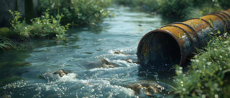 Wastewater pipes from industrial plants which is a large pipe made of metal. The wastewater flowing from the pipe is black and cloudy.  Used to campaign to make people aware of environmental problems.の素材