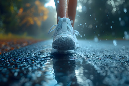 Close-up of a person's shoe while walking. Suitable for accompanying articles about the walking benefits, articles recommending places to walk for exercise, posting pictures with quotes about walkingの素材